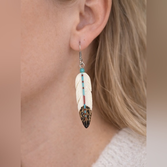 Lucky Brand Jewelry - Lucky Brand Feather Drop Earrings Boho Turquoise Beaded Dangle Statement